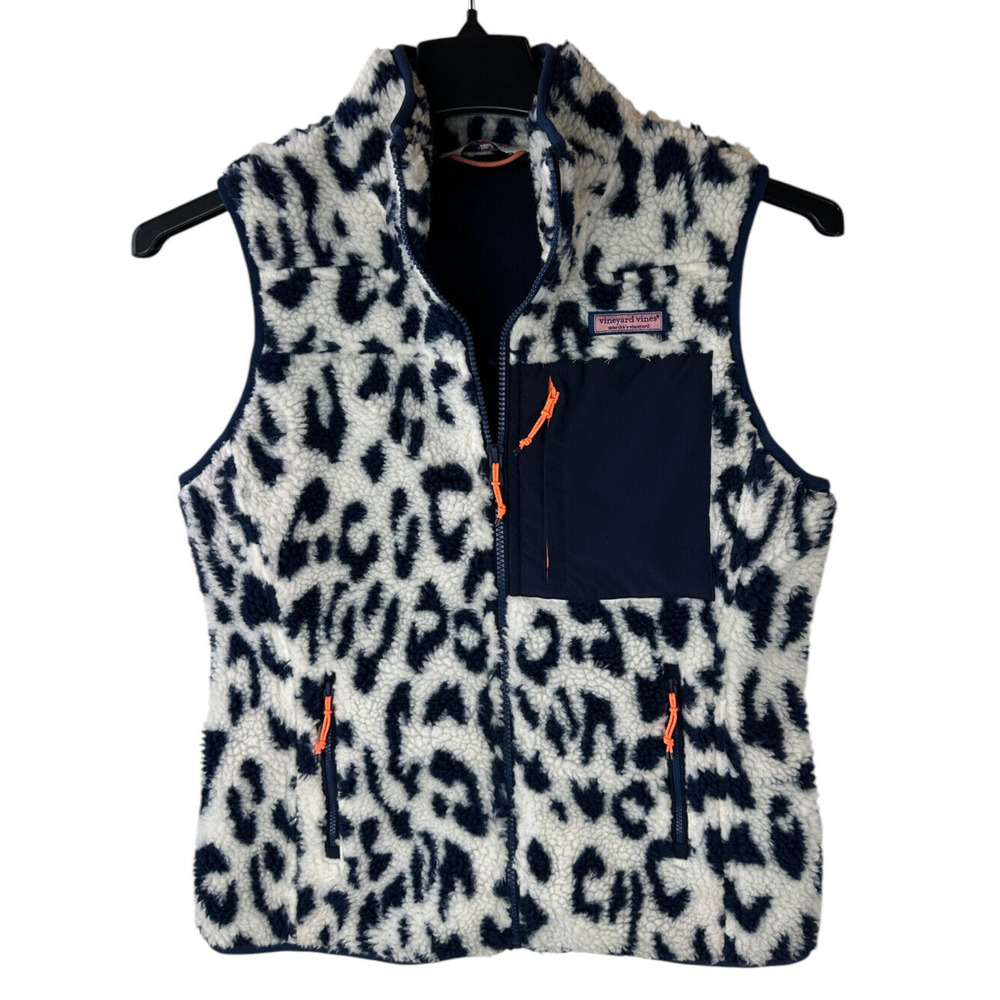 Vineyard Vines Leopard Print Mixed Media Sherpa Vest Supershep Women's Size XS - Picture 11 of 13
